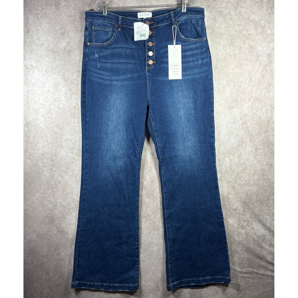 Risen Jeans Womens Size‎ 3XL Dark Blue High Rise Flare Button Fly Distressed NEW